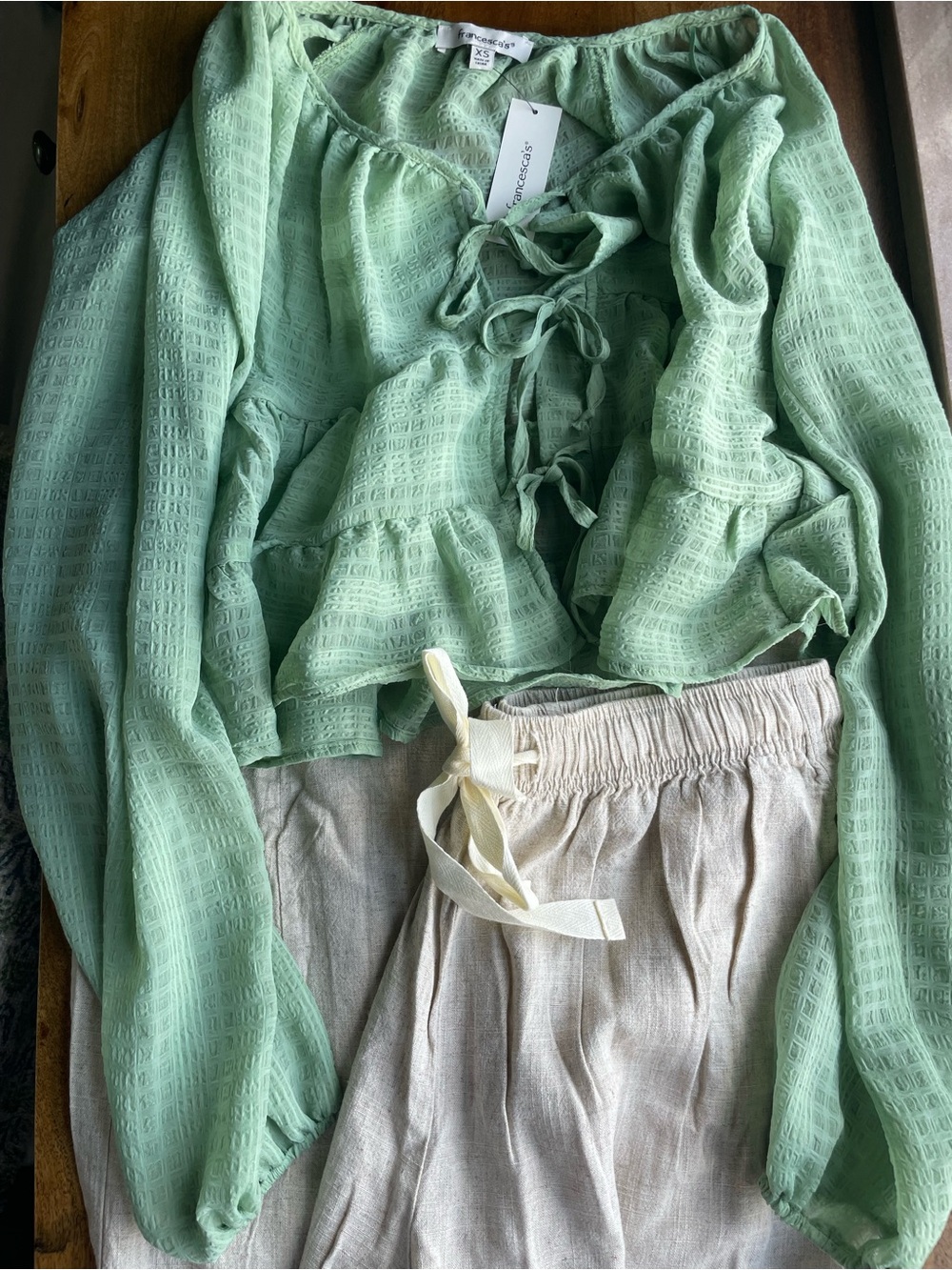 Pinterest Soft Girl Fairycore 2 Piece Outfit Green Ruffle Top Linen Pants NWT - Picture 2 of 9